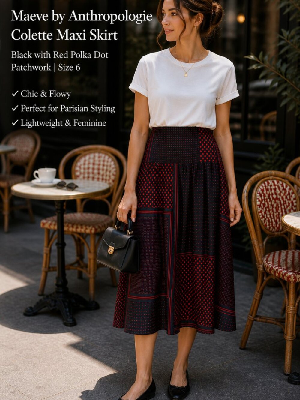 Maeve by Anthropologie Colette Maxi Skirt Black Red Polka Dot SZ6 Side Zip Boho